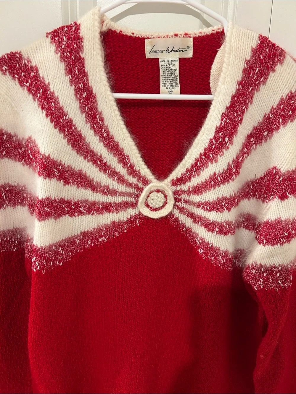 Vintage Laura Winston Red Cream Metallic Sunburst Knit Sweater M 80s 90s